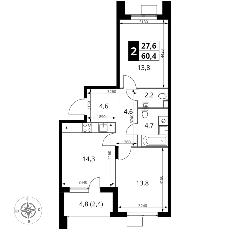 2 ккв 60,4 м²
