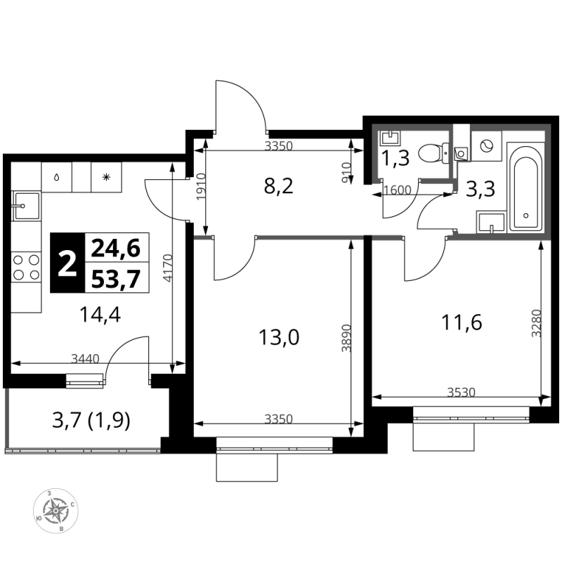 2 ккв 53,7 м²