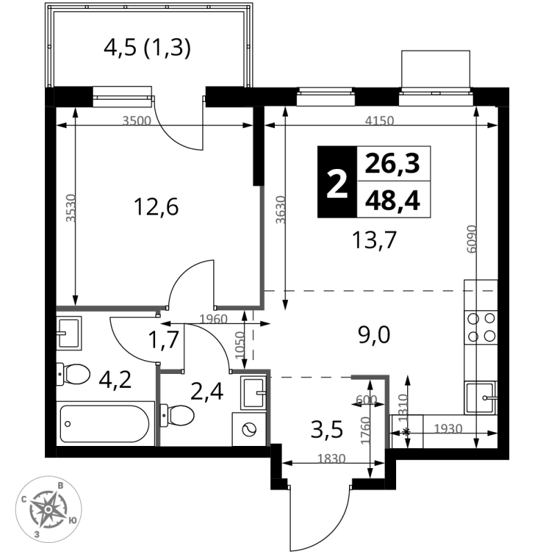 2 ккв (Евро) 48,4 м²