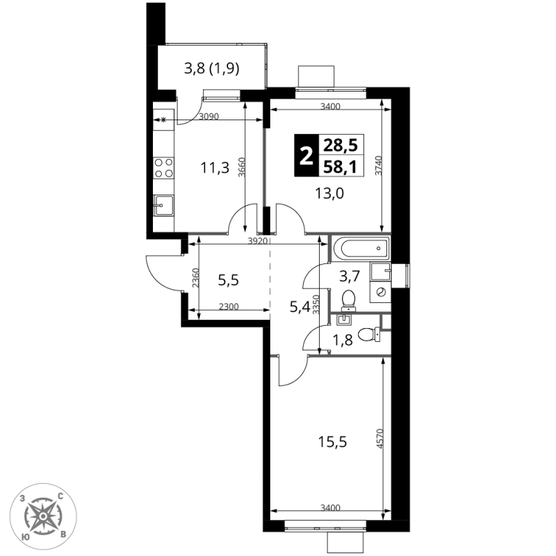 2 ккв 58,1 м²