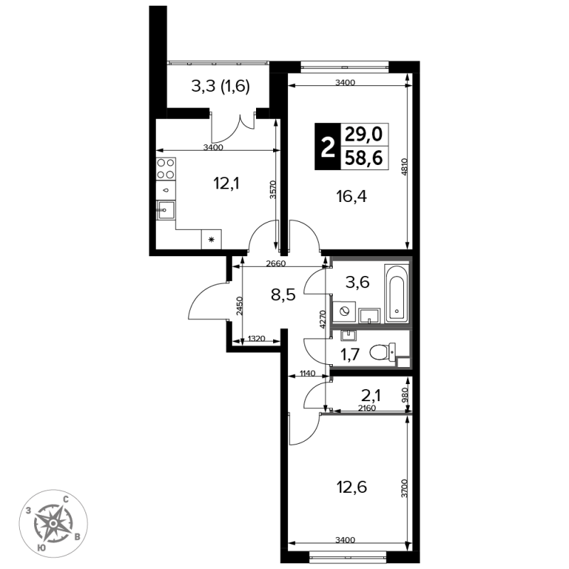 2 ккв 59,6 м²