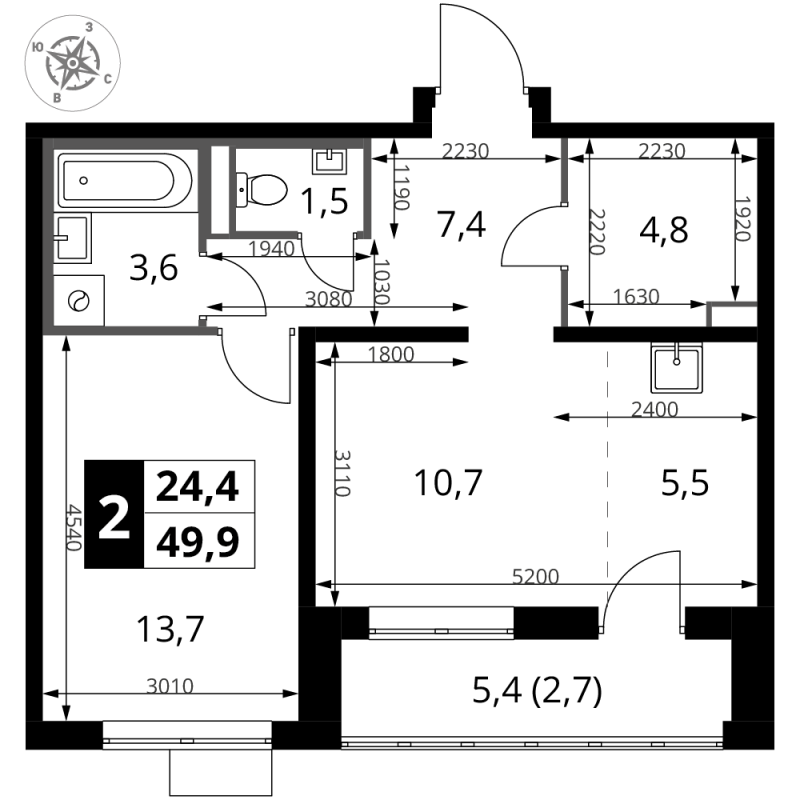2 ккв (Евро) 49,9 м²