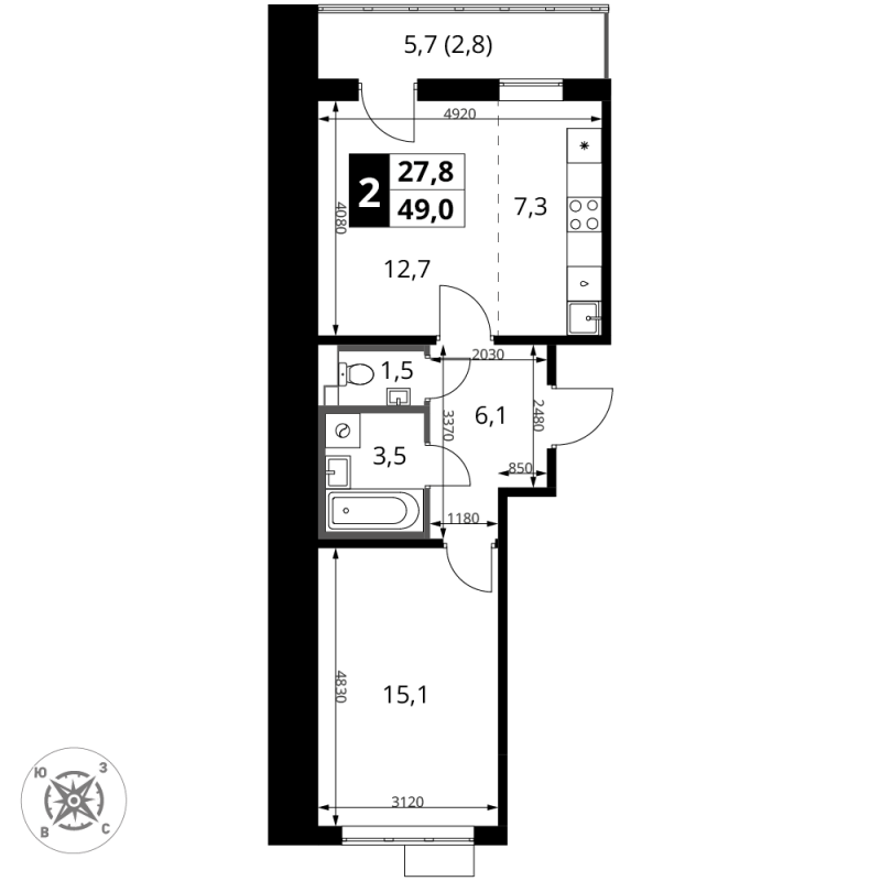 2 ккв (Евро) 49 м²