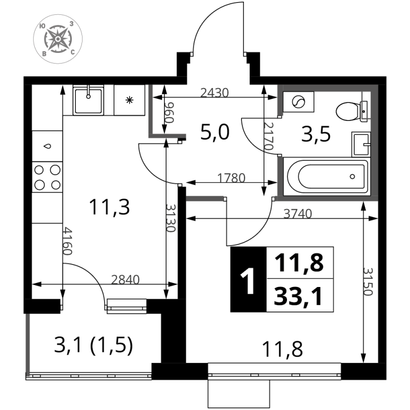 1 ккв 33,1 м²