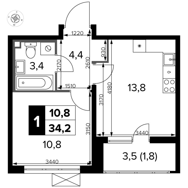 1 ккв 34,5 м²