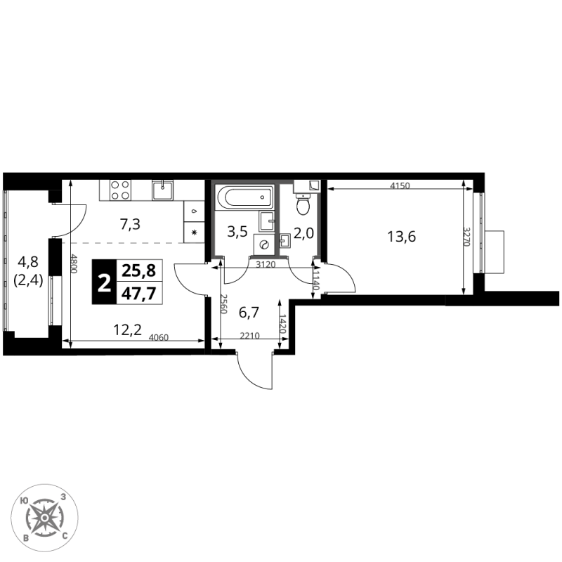2 ккв (Евро) 47,7 м²