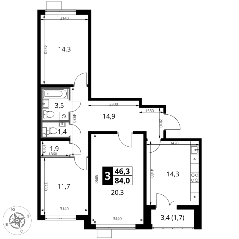 3 ккв 84,1 м²