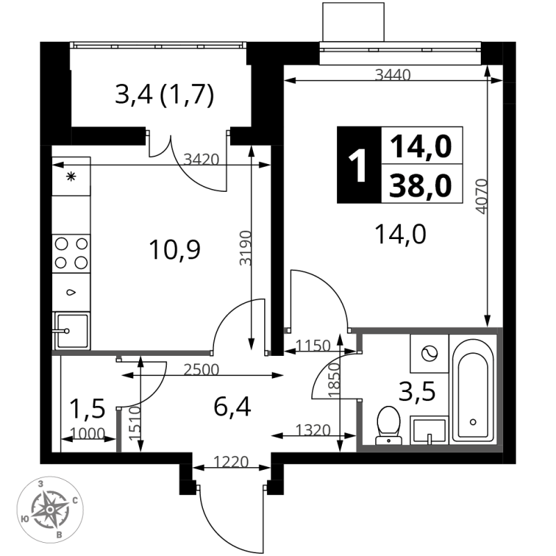 1 ккв 38 м²
