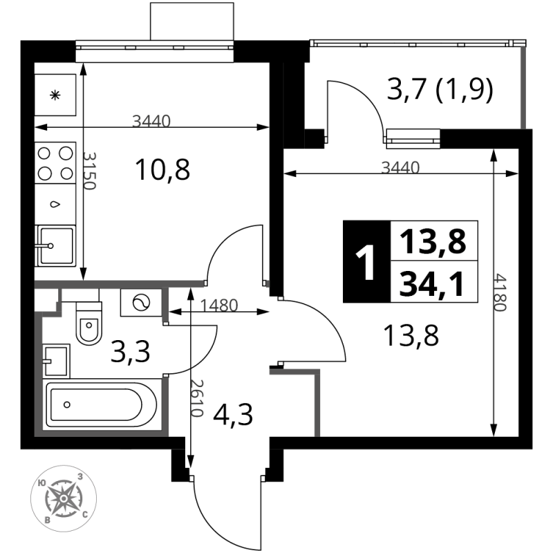 1 ккв 34,2 м²