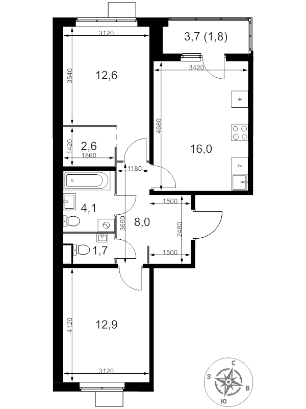 3 ккв (Евро) 59,7 м²
