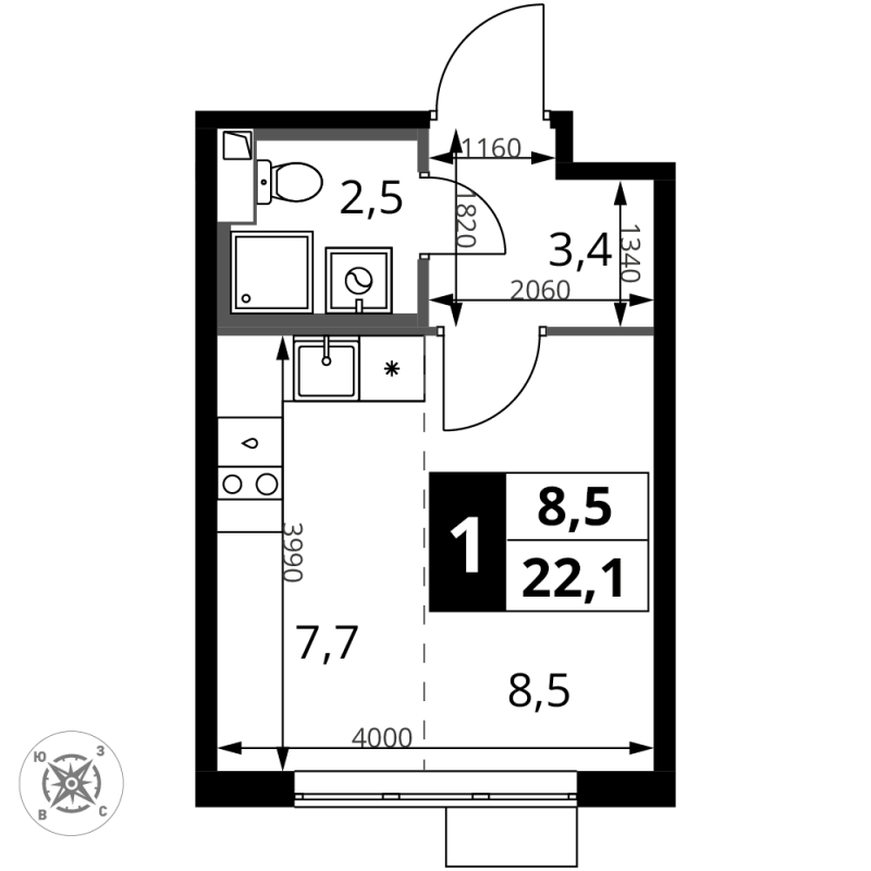 Студия 22,1 м²