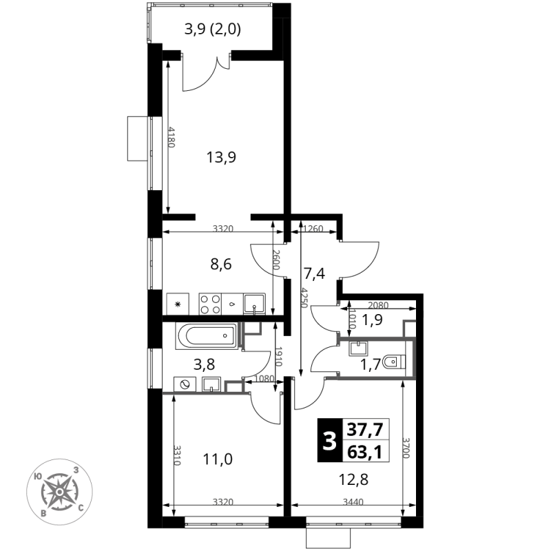 3 ккв (Евро) 63,6 м²