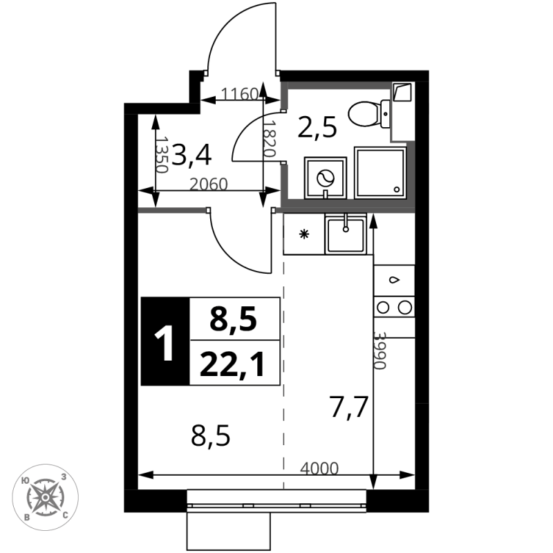 Студия 22,1 м²