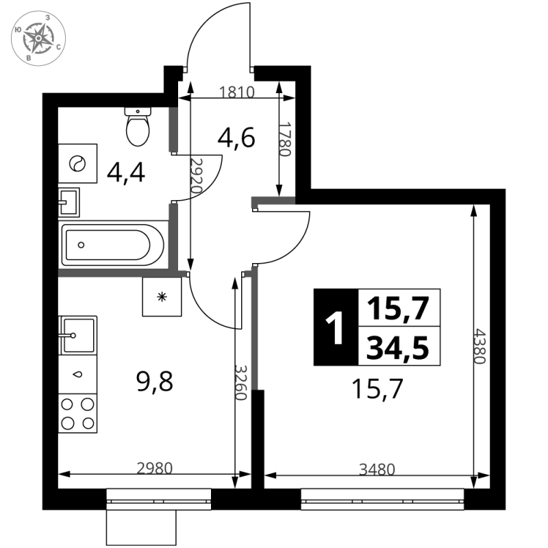 1 ккв 34,5 м²