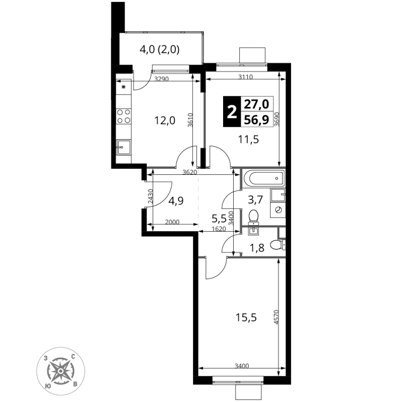 2 ккв 56,9 м²