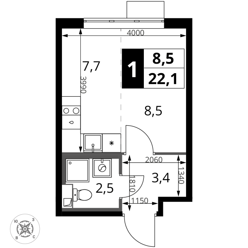 Студия 22,1 м²