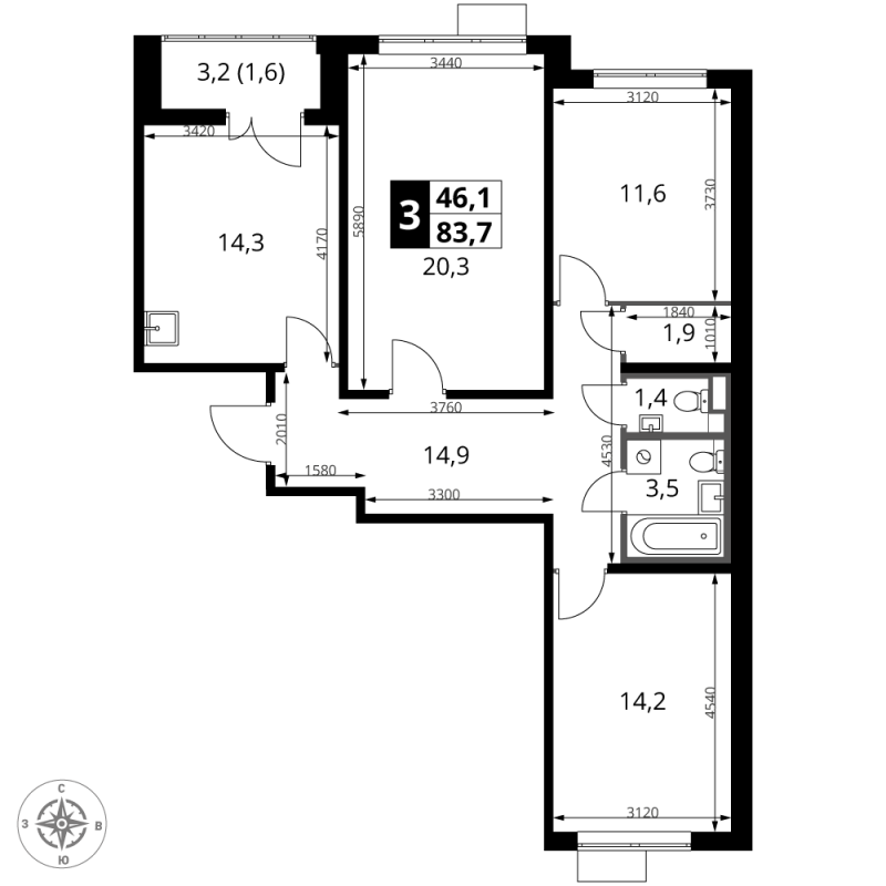 3 ккв 83,7 м²