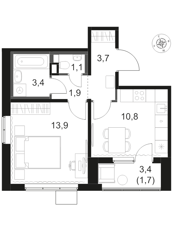 1 ккв 36,5 м²