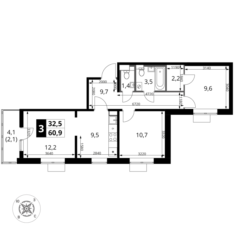3 ккв (Евро) 60,9 м²