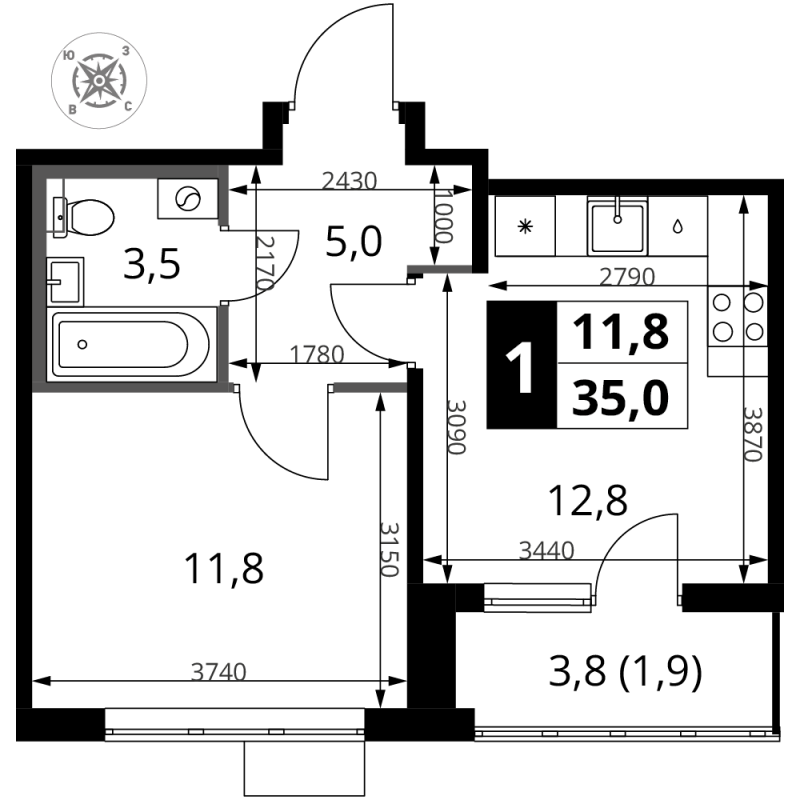 1 ккв 35 м²