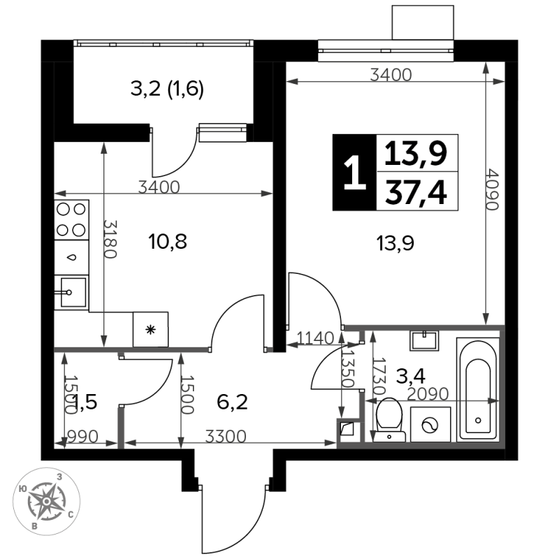1 ккв 37,6 м²
