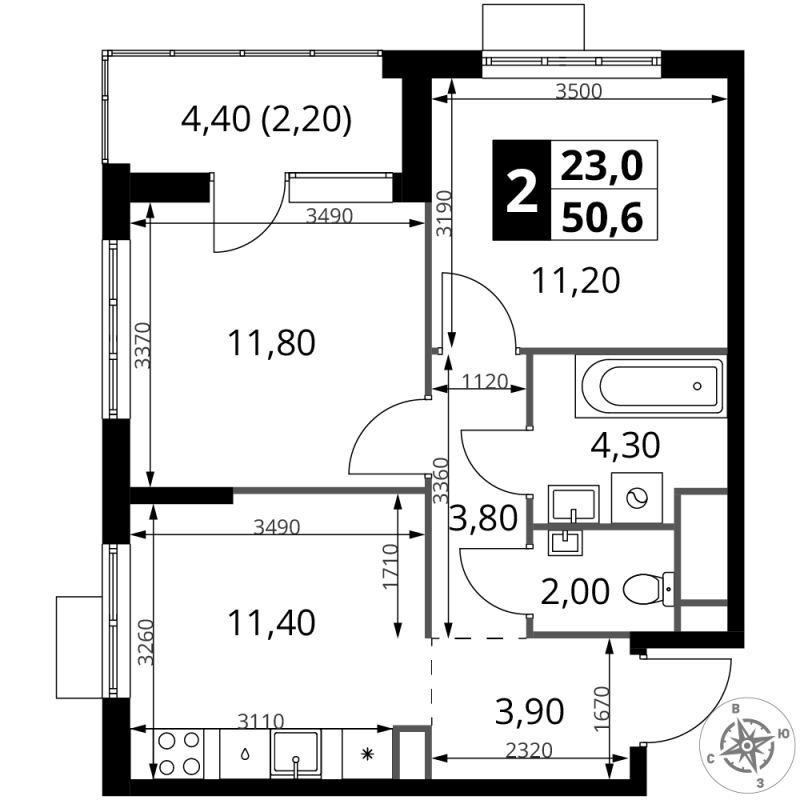 2 ккв 50,6 м²