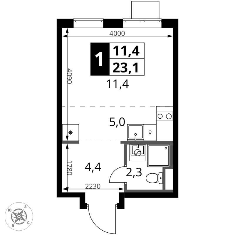 Студия 23,1 м²