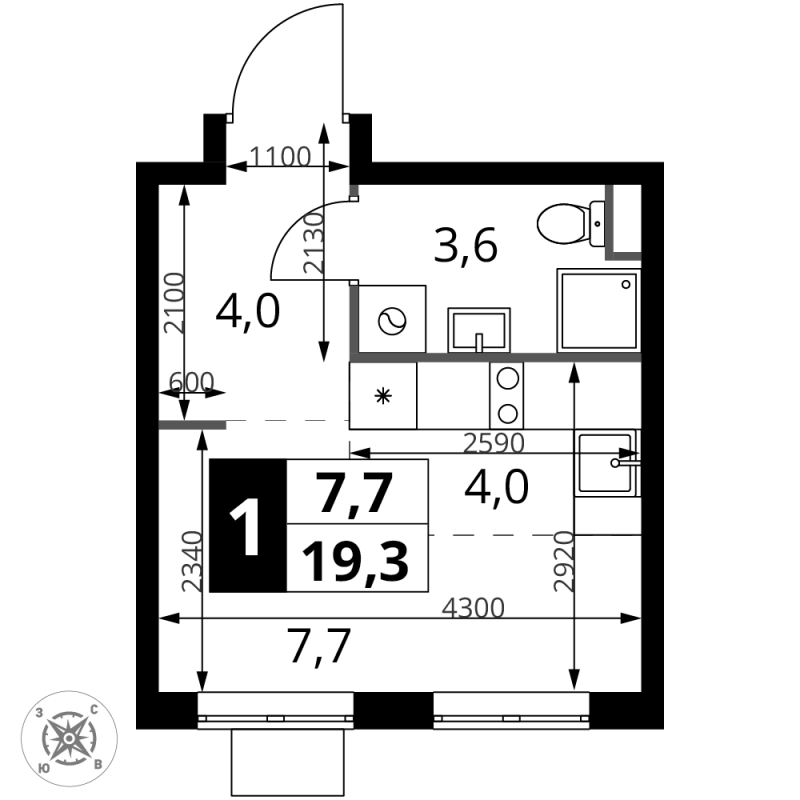 Студия 19,3 м²