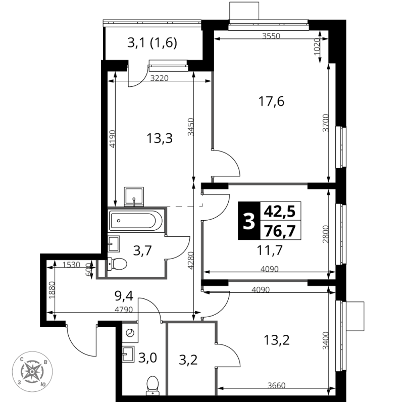 3 ккв 76,7 м²