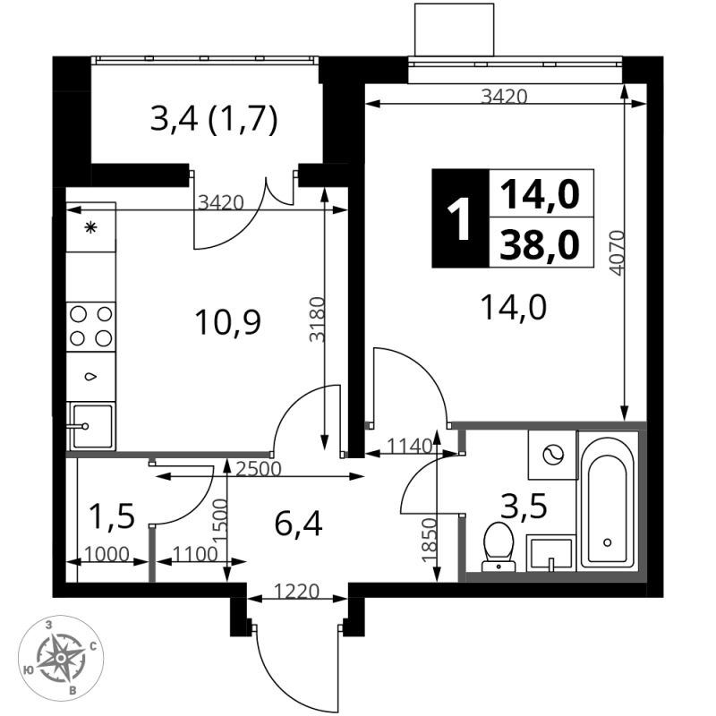 1 ккв 38 м²