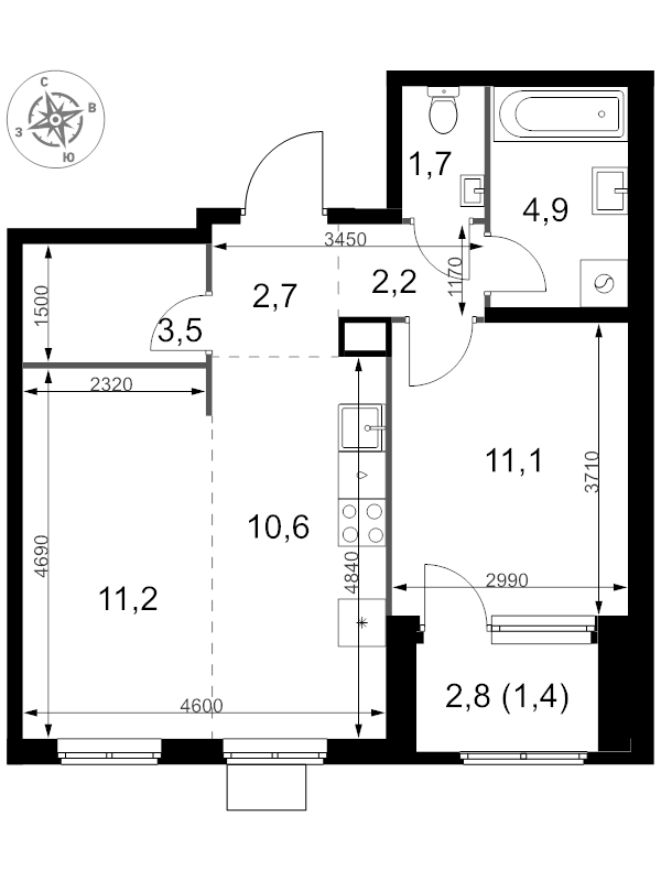 2 ккв (Евро) 49,3 м²
