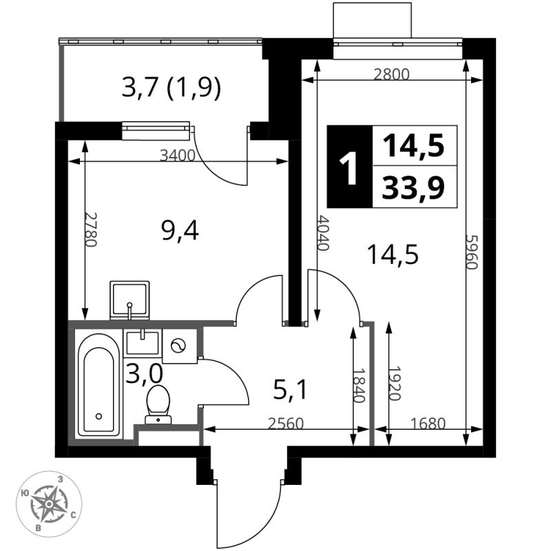 1 ккв 33,9 м²