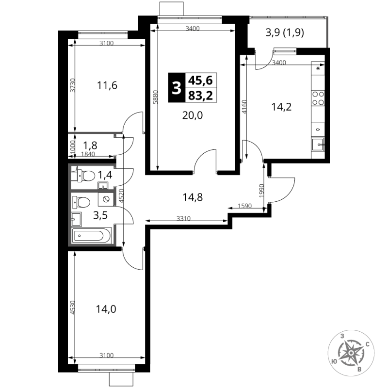 3 ккв 83,2 м²
