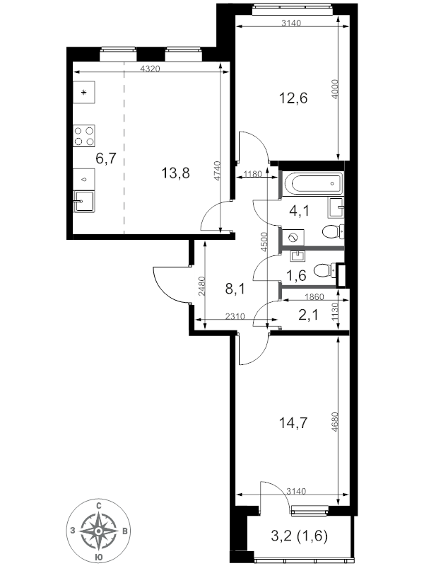 3 ккв (Евро) 65,3 м²