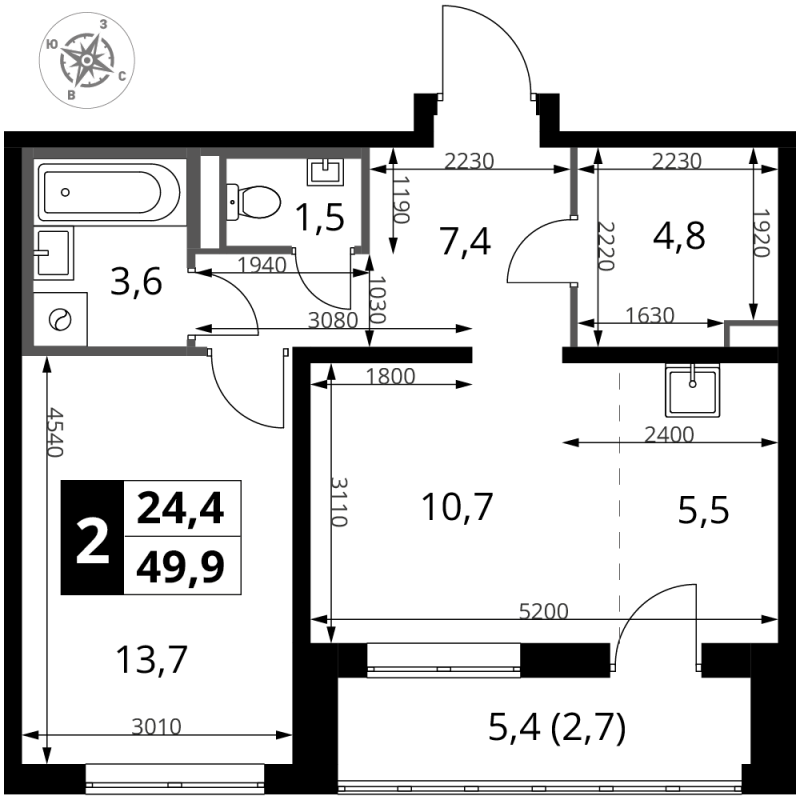 2 ккв (Евро) 49,9 м²