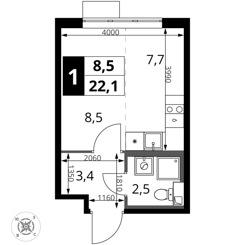 Студия 22,1 м²