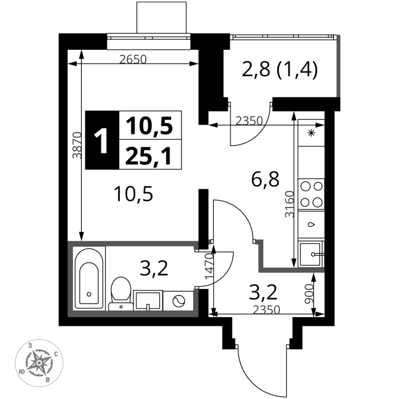 Студия 24,9 м²