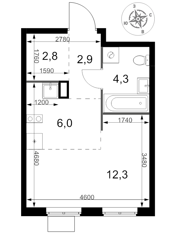 Студия 28,3 м²