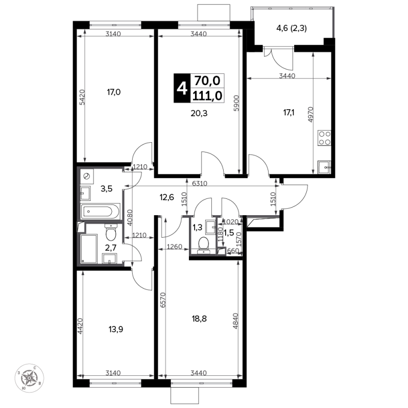 4 ккв 112,8 м²