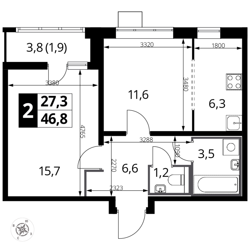 2 ккв (Евро) 46,9 м²