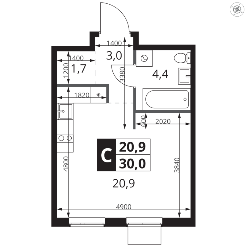 Студия 30 м²
