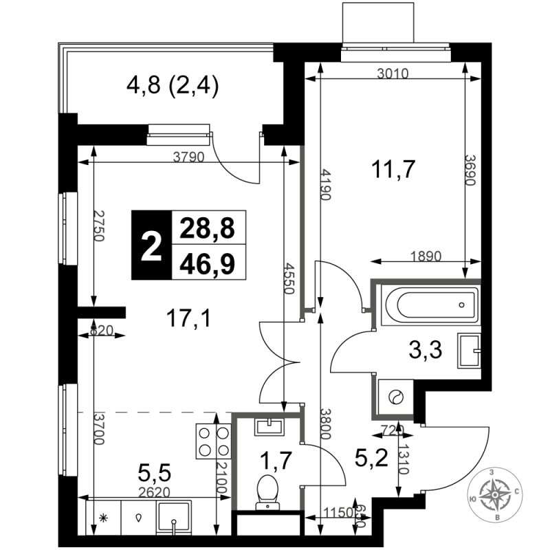 2 ккв (Евро) 46,9 м²