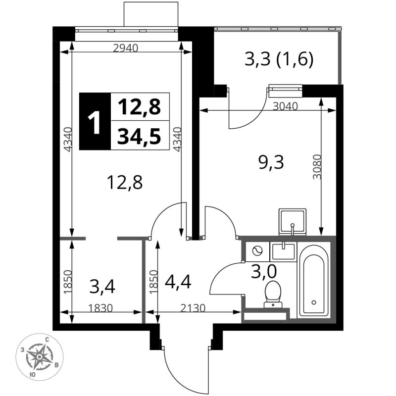 1 ккв 34,5 м²