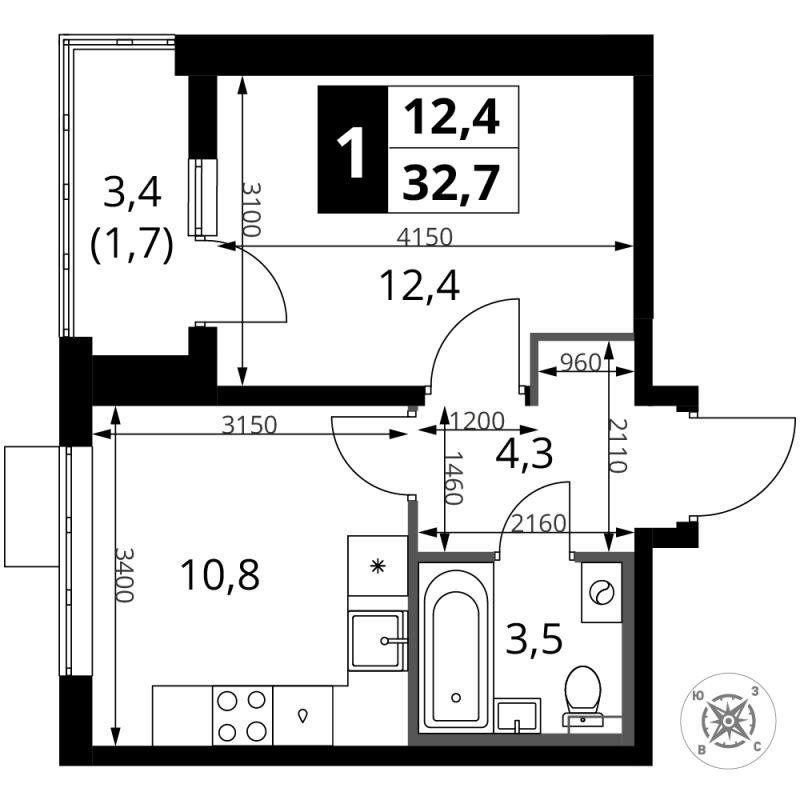 1 ккв 32,7 м²
