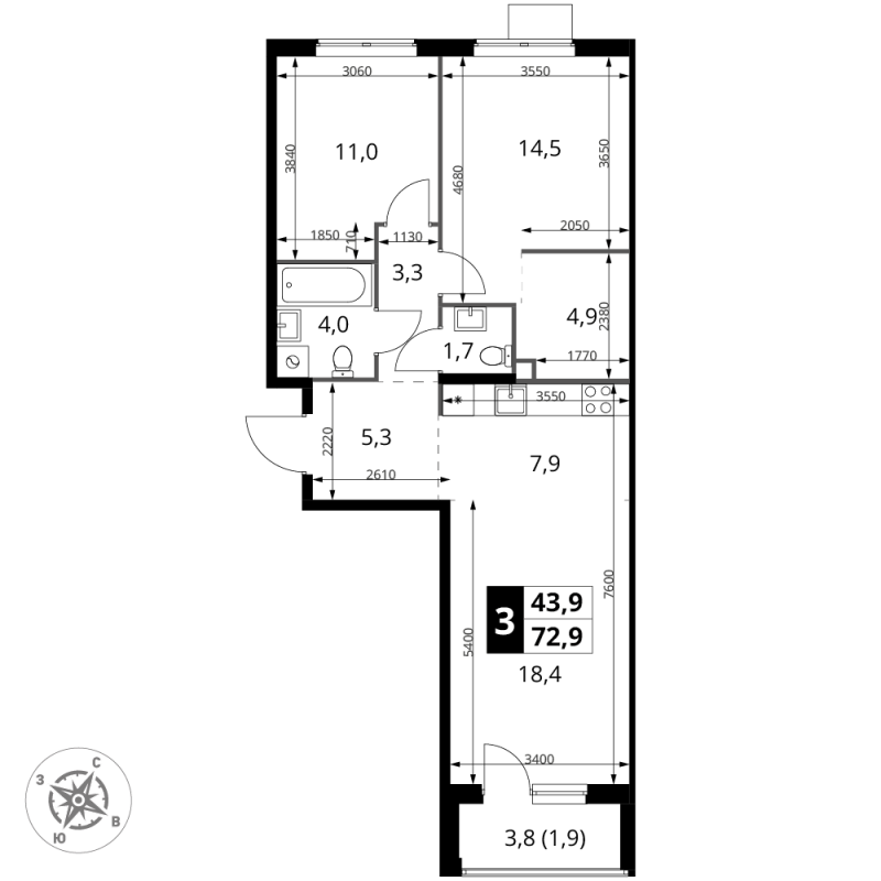 3 ккв (Евро) 72,9 м²