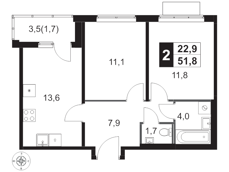 2 ккв 51,8 м²