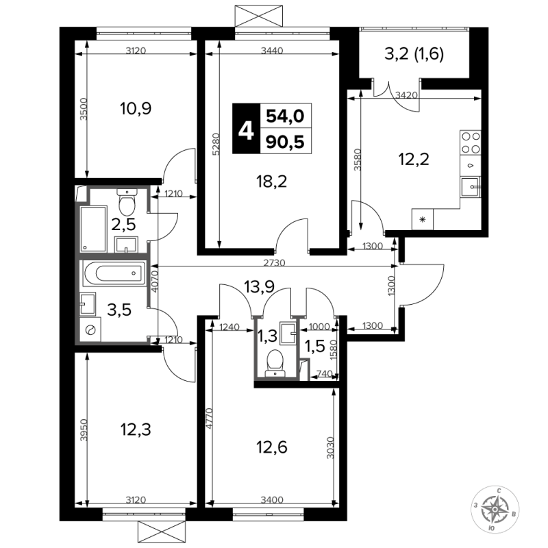 4 ккв 90,6 м²