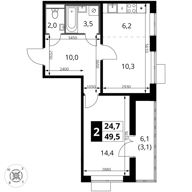 2 ккв (Евро) 49,5 м²