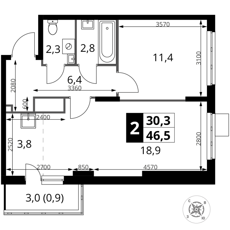 2 ккв (Евро) 46,5 м²