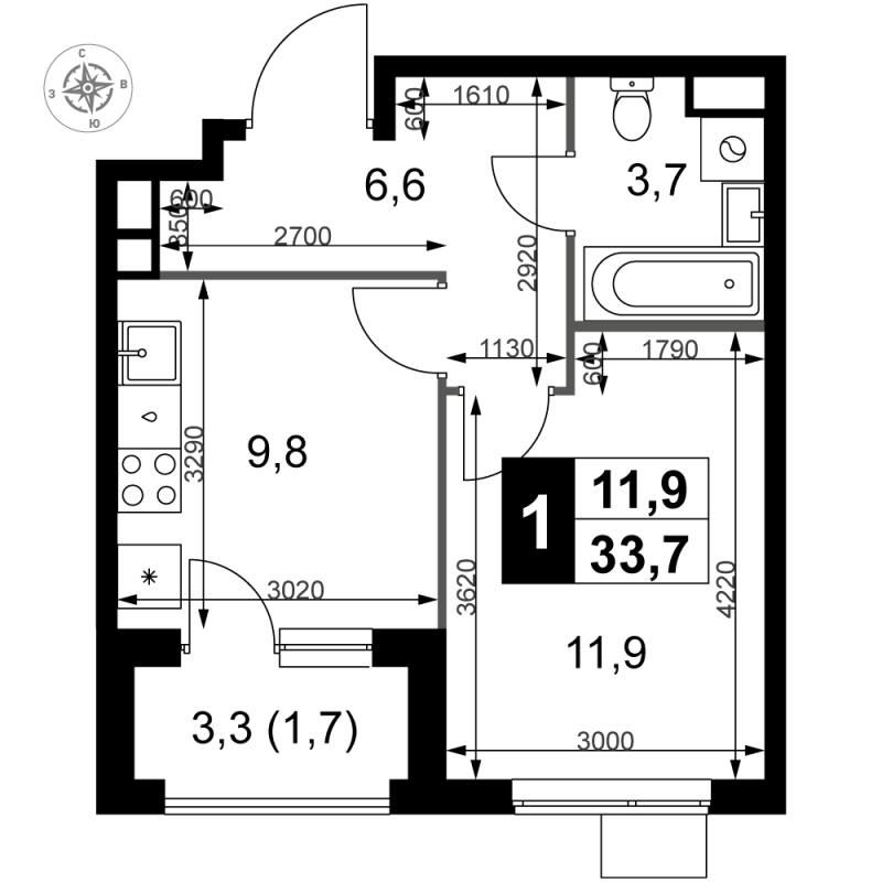 1 ккв 33,7 м²